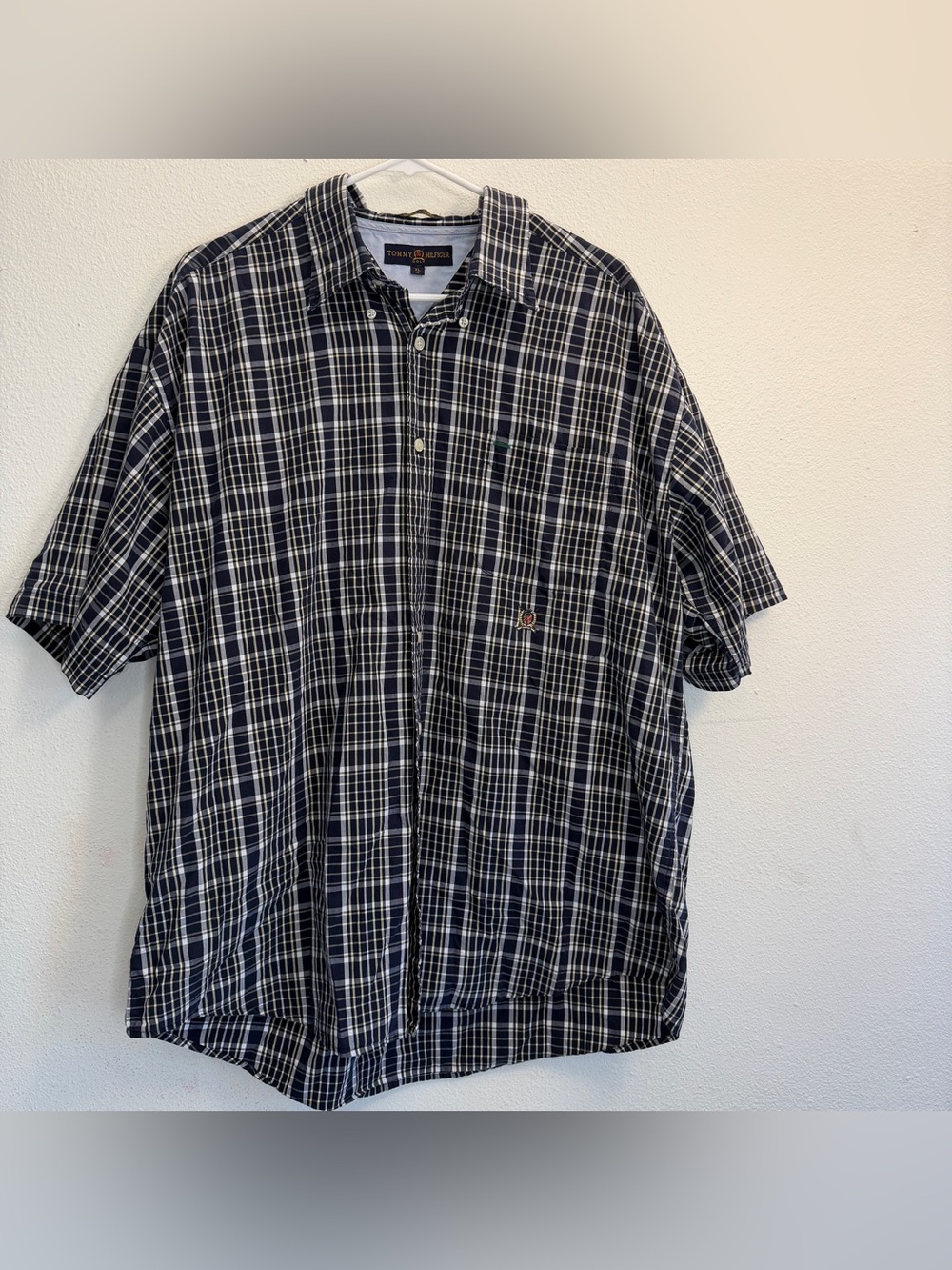 Tommy Hilfiger Golf Navy and White Plaid Short-Sleeve Button-Down Shirt XL